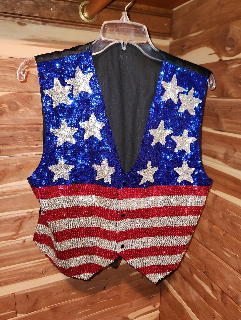 Vintage 80s Sequined Patriotic Vest - Blue, Red & Silver Stars and Stripes